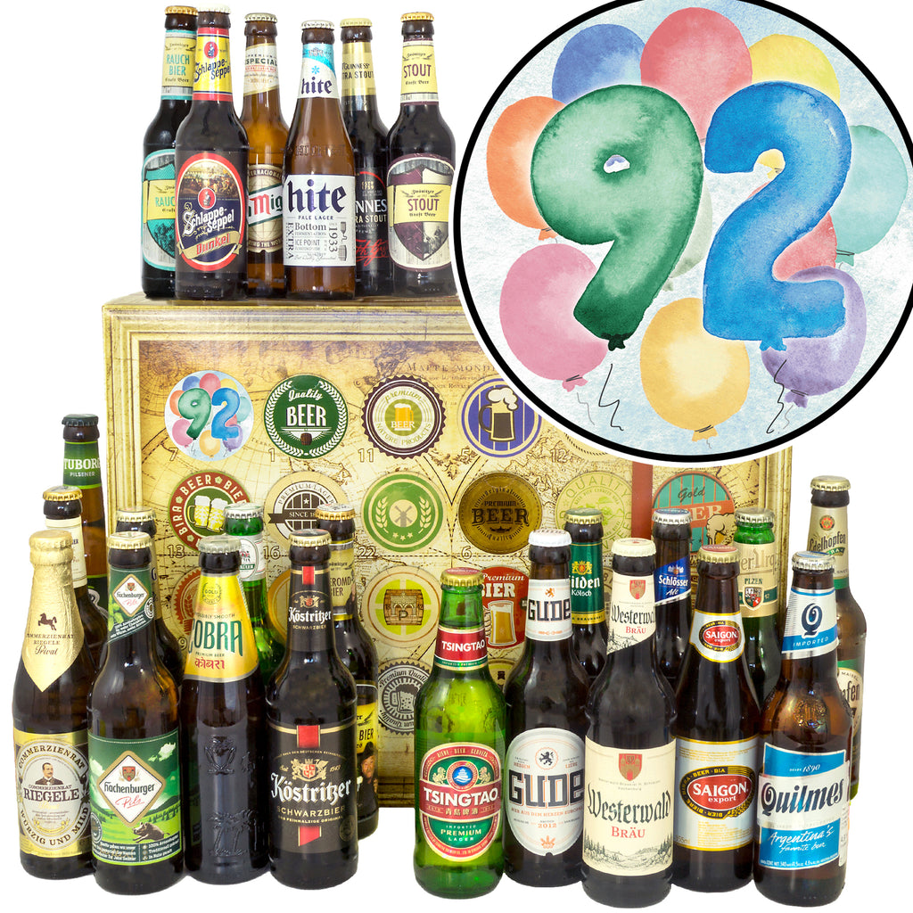 Geburtstag 92 | 24 Flaschen Bier International und Deutschland | Geschenkbox