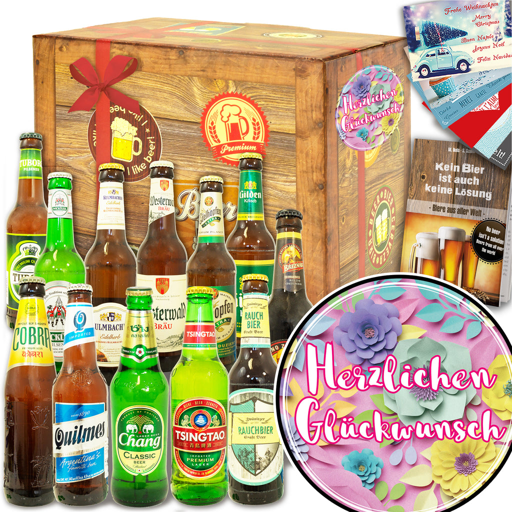 Herzlichen Glückwunsch Blumen | 12x Biere Welt und Deutschland | Geschenk Set